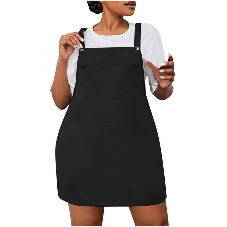 Plus Size Womens Bib Overall Short Jumper Dress Adjustable Straps Suspender Pinafore Dresses with Pockets