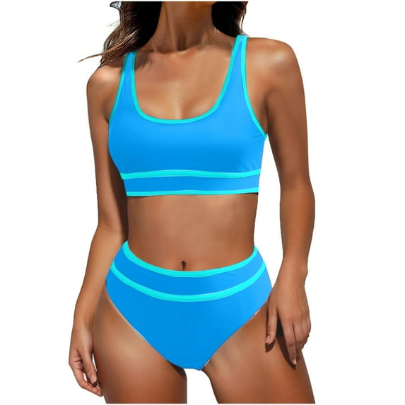 Plus Size Womens Bikini Sets Sporty Two Piece Swimsuits Color Block Cheeky High Cut Bathing Suits