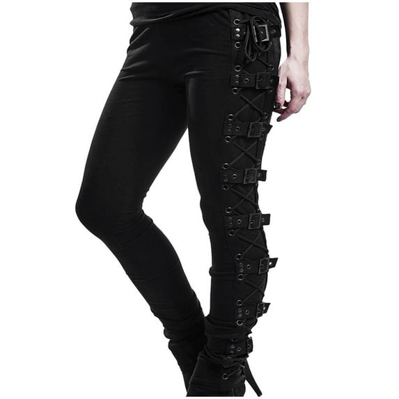 Plus Size Womens Black Pants Gothic Criss Cross Lace Up Buckle Strap Skinny Leggings Steampunk Ladies Trouser