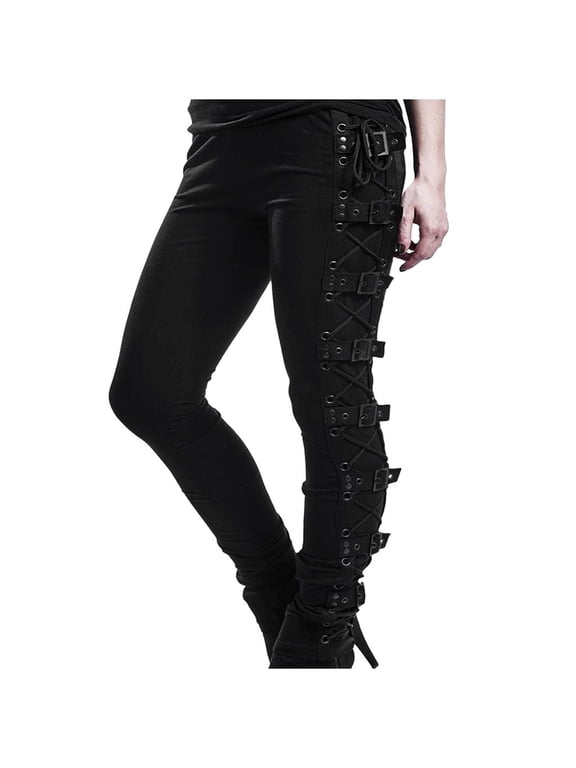 Plus Size Womens Black Pants Gothic Criss Cross Lace Up Buckle Strap Skinny Leggings Steampunk Ladies Trouser