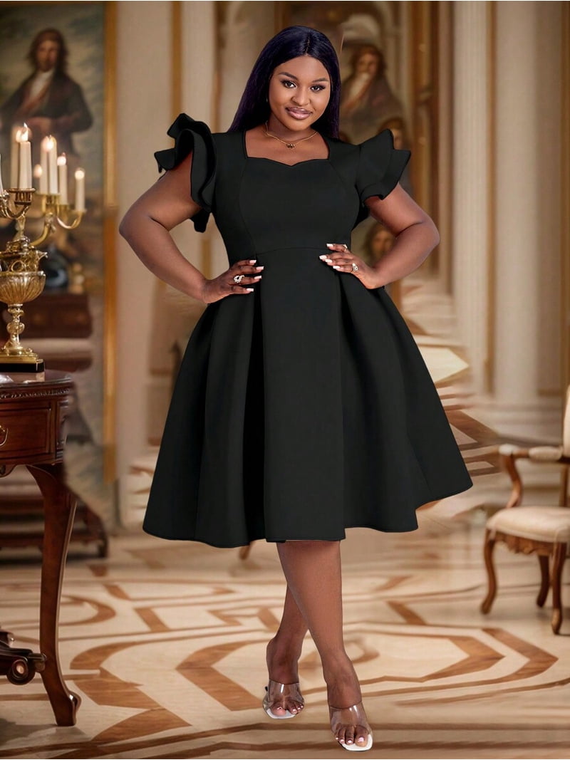plus size fit and flare black dress Runwind Women's Plus Size Midi Dress 3/4 Sleeve Fit and Flare Cocktail Dresses Casual V-Neck Dress with Pockets Black at Amazon Women's Clothing store