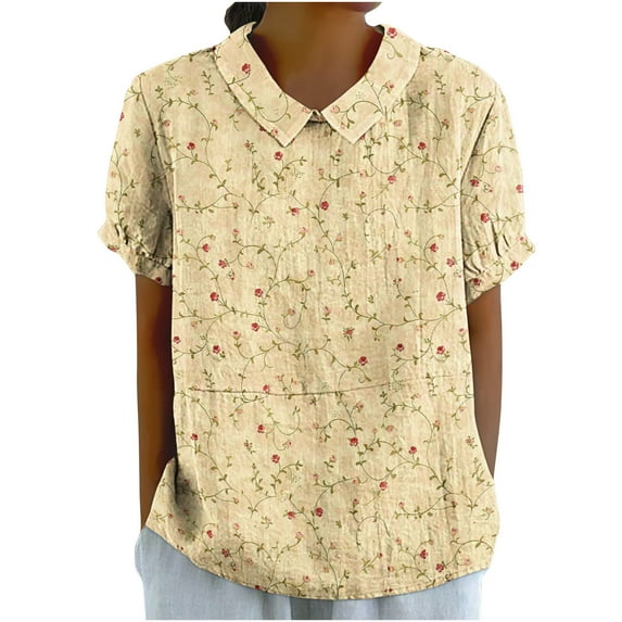 Plus Size Womens Blouses Casual Summer Trend Fall Vintage Floral Printed Short Sleeve V Neck Stylish Loose Flowy Tops,Yellow,S