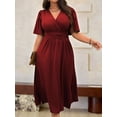 thumbnail image 1 of Plus Size Womens Burgundy Solid V-Neck Wrap Short Sleeve Midi Dress, 1 of 6