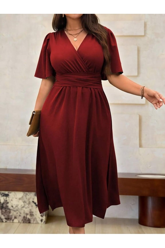 Plus Size Womens Burgundy Solid V-Neck Wrap Short Sleeve Midi Dress