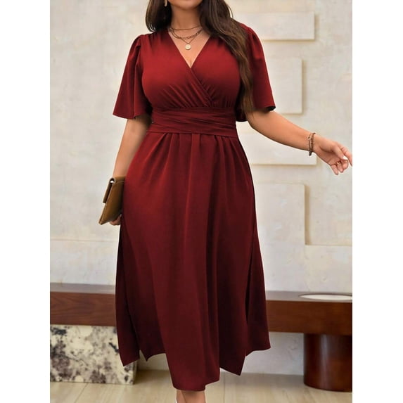 Plus Size Womens Burgundy Solid V-Neck Wrap Short Sleeve Midi Dress