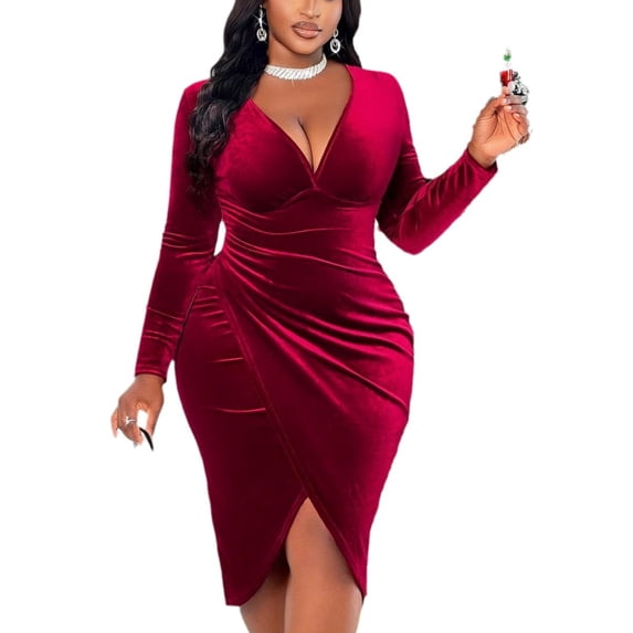 Plus Size Womens Burgundy V Neck High Waist Midi Dress Long Sleeve Knitted Bodycon Slit Fall Winter