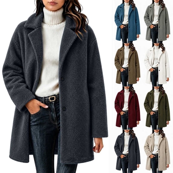 Plus Size Womens Business Casual Fleece Fall Jackets Trendy Mid-Length Oversized Winter Coats with Pockets Lapel Collar Button Down Outerwear