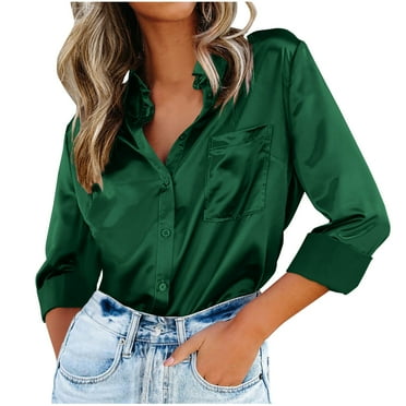 Plus Size Womens Button Down Shirts Satin Silk V Neck Long Sleeve Casual Blouse Business Work Tunic Tops with Pocket