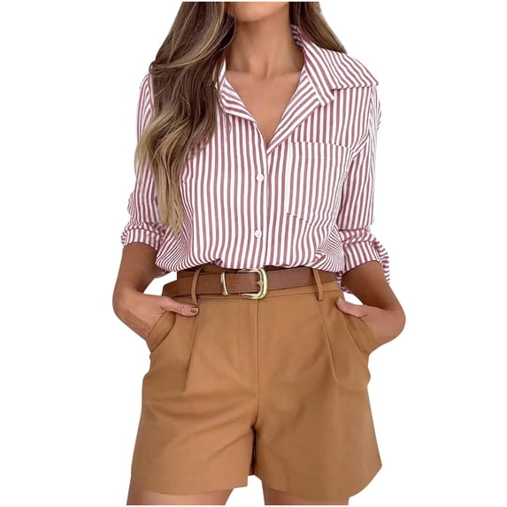 Plus Size Womens Button Shirts Striped Classic Long Sleeve Office Work Blouses Tops with Pockets 5XL