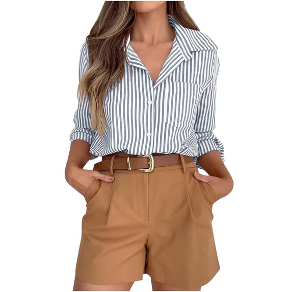 Plus Size Womens Button Shirts Striped Classic Long Sleeve Office Work Blouses Tops with Pockets Blue 4XL