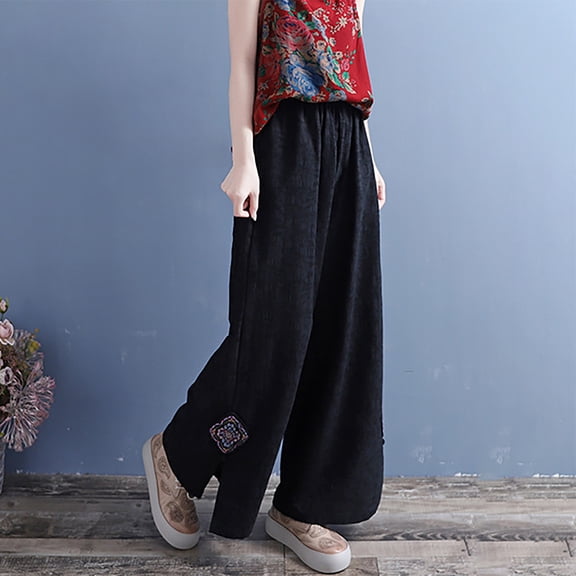 Plus Size Womens Capri Pants, Xunlbb Ladies' Casual Solid Color Loose Diamond Embroidered Wide Leg Cropped Pants(Black,XXL)