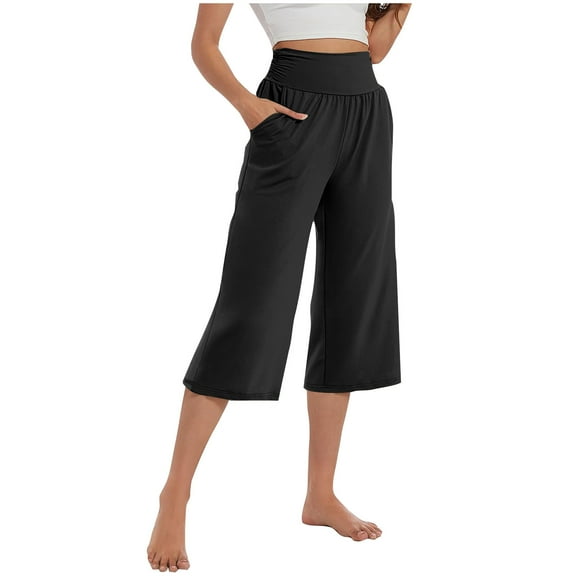 Plus Size Womens Capri Pants, Xunlbb Women Capris Solid Elastic Waist Pocket Cropped Pants Casual Stretchy Stylish Pants Yoga Sports Casual Yoga Pants(Black,L)