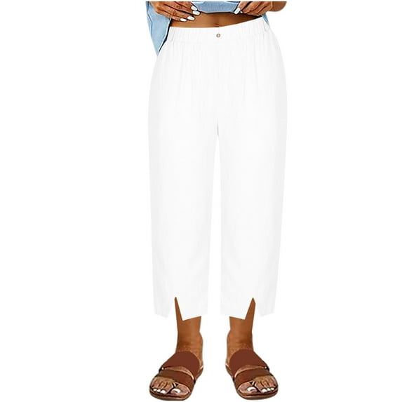 Plus Size Womens Capri Pants, Xunlbb Women's And Linen Slim Casual Pants With Split Legs(White,M)