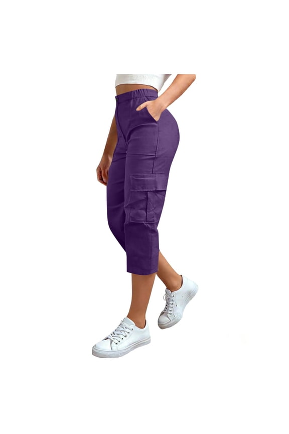 Plus Size Womens Cargo Capri Pants with Pockets High Waisted Summer Lightweight 100% Polyester Casual Purple,Size 2XL