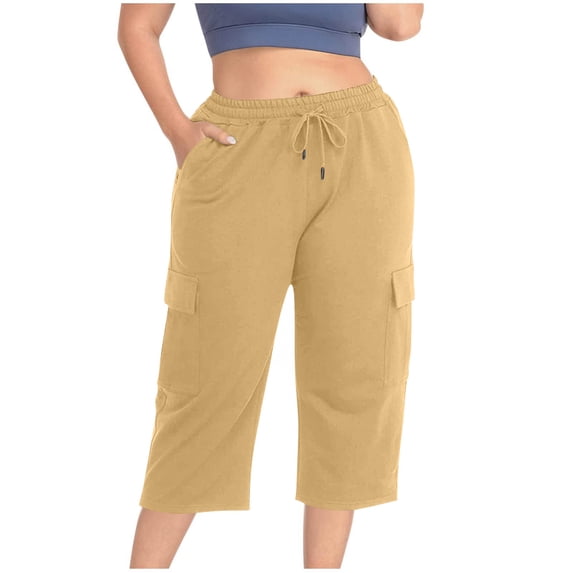 Plus Size Womens Cargo Capris Pants Elastic Waist Summer Casual Cropped Pant Drawstring Lightweight Loose Capris with Pockets