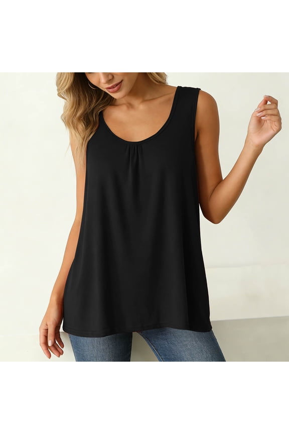 Plus Size Womens Casual Tank Tops Crew Neck Ruched Loose Fitting Sleeveless Flowy Tunic Blouse Black 4XL