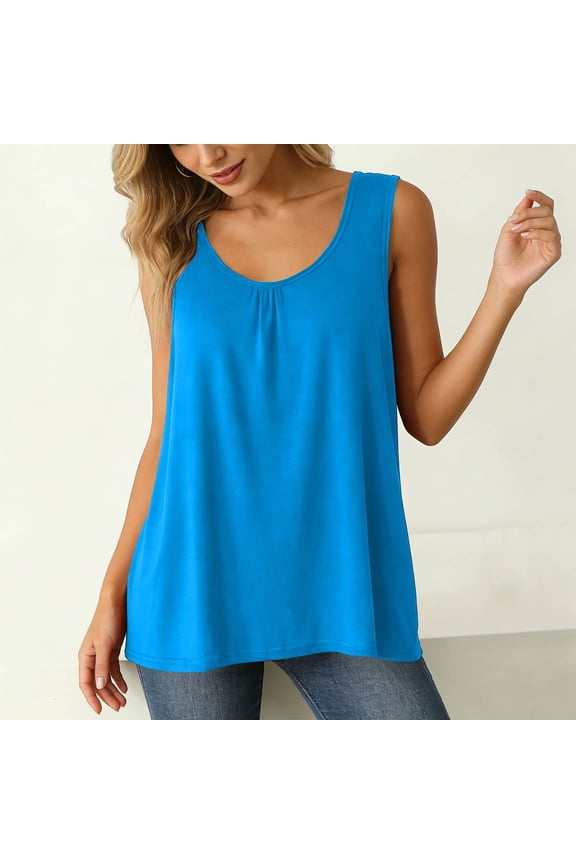 Plus Size Womens Casual Tank Tops Crew Neck Ruched Loose Fitting Sleeveless Flowy Tunic Blouse Sky Blue 4XL