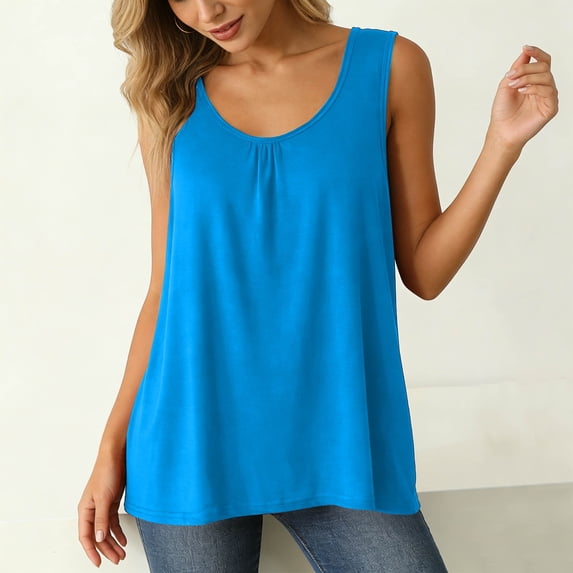 Plus Size Womens Casual Tank Tops Crew Neck Ruched Loose Fitting Sleeveless Flowy Tunic Blouse Sky Blue 6XL