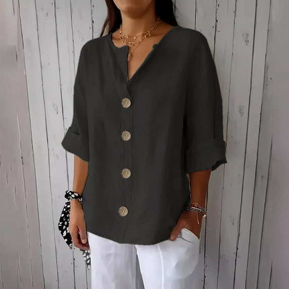 Plus Size Womens Clothes Clearance Linen Shirts for Women 3/4 Sleeve Button Down V Neck T Shirts Oversized Summer Tunic Ladies Tops Elegant Dressy Casual Blouses Vacation Beach Tops Ropa Mujer