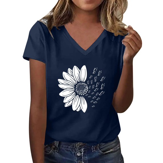 Plus Size Womens Clothes Womens Floral Tops Short Sleeve, Women's Sunshade Summer T Shirt Plus Size Loose Top Top Girls Short Sleeve Graphic Casual V Neck T Shirt Navy, S