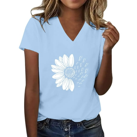 Plus Size Womens Clothes Womens Floral Tops Short Sleeve, Women's Sunshade Summer T Shirt Plus Size Loose Top Top Girls Short Sleeve Graphic Casual V Neck T Shirt Blue, M