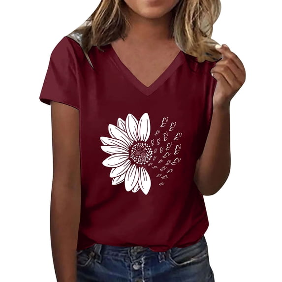 Plus Size Womens Clothes Womens Floral Tops Short Sleeve, Women's Sunshade Summer T Shirt Plus Size Loose Top Top Girls Short Sleeve Graphic Casual V Neck T Shirt Wine, L