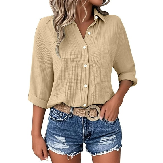 Plus Size Womens Clothing New Women's Casual Fashion Loose 3/4 Sleeve Shirt Turn Down Collar Top Blouse Khaki Xl