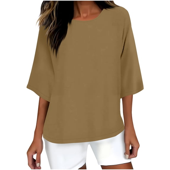 Plus Size Womens Clothing New Women's Solid Color Crew Neck Shirt 3/4 Sleeve Casual Brown L