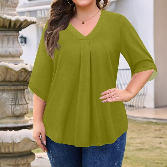 Plus Size Womens Clothing Womens Plus Size Tops 3/4 Sleeve Dressy Chiffon Blouse Summer Work Tunic Casual Flowy Shirt S-5xl 07-Light Green Xxxxl