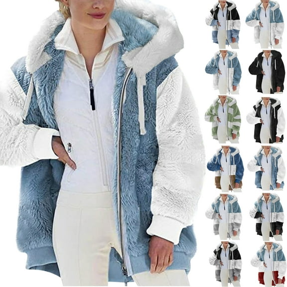 Plus Size Womens Coats with Hood Fashion Womens Warm Faux Coat Jacket Winter Zipper Long Sleeve Outerwear