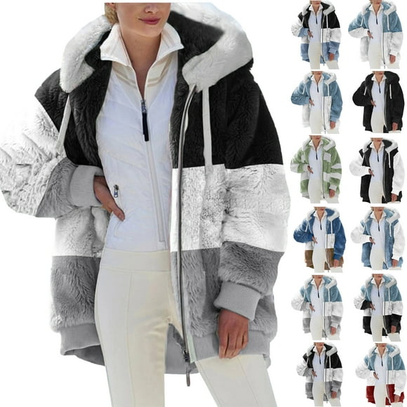 Plus Size Womens Coats with Hood Fashion Womens Warm Faux Coat Jacket Winter Zipper Long Sleeve Outerwear