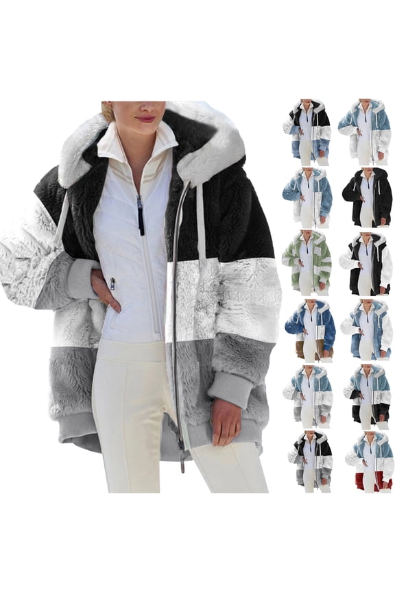 Plus Size Womens Coats with Hood Fashion Womens Warm Faux Coat Jacket Winter Zipper Long Sleeve Outerwear