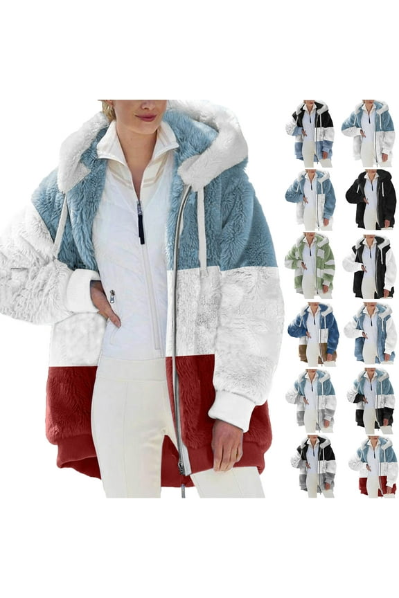 Plus Size Womens Coats with Hood Fashion Womens Warm Faux Coat Jacket Winter Zipper Long Sleeve Outerwear