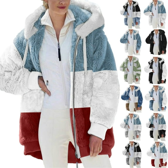 Plus Size Womens Coats with Hood Fashion Womens Warm Faux Coat Jacket Winter Zipper Long Sleeve Outerwear