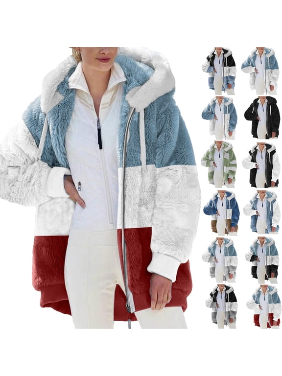 Plus Size Womens Coats with Hood Fashion Womens Warm Faux Coat Jacket Winter Zipper Long Sleeve Outerwear