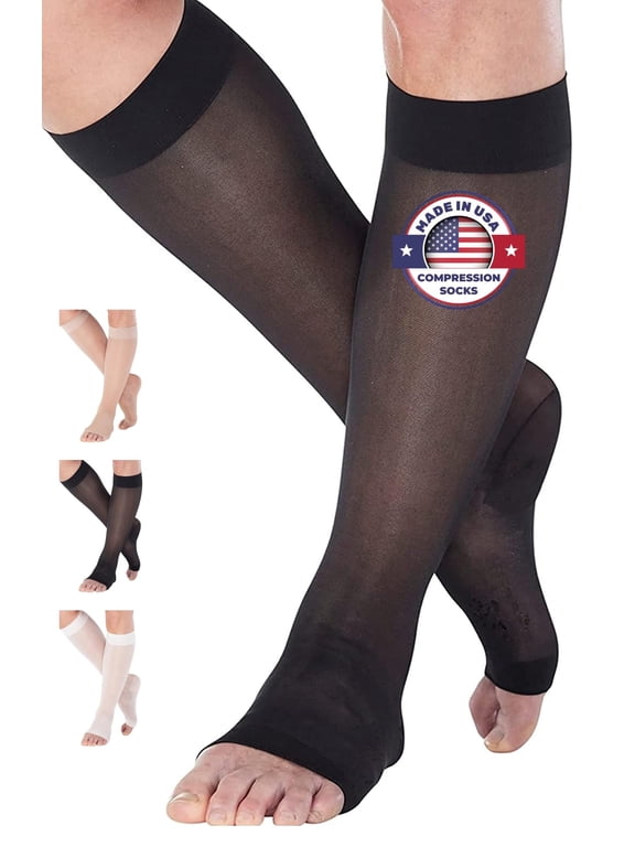 Plus Size Womens Compression Stockings 15-20mmHg with Open Toe - Black, 6XL