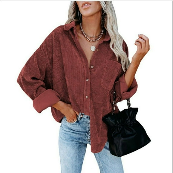 Plus Size Womens Corduroy Button Down Boyfriend Shirts Long Sleeve Oversized Blouses Tops Coat Solid Color