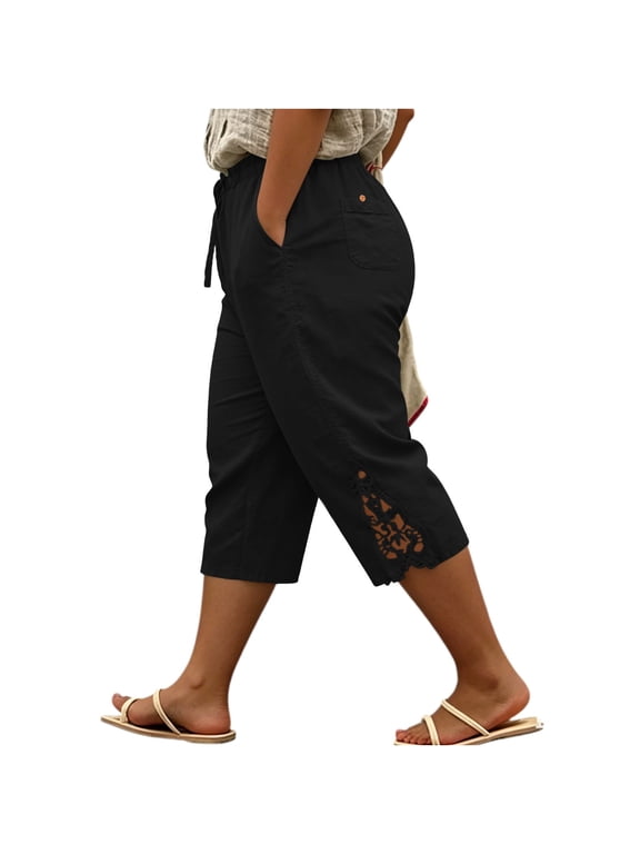 Plus Size Womens Cotton Capris with Pockets, Stretchy Drawstring Waist Trim 3/4 Length Pants, Loose Fit Pull on Crop Pants for Summer Walking | TruHer,Black 4XL