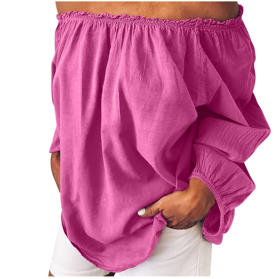 Plus Size Womens Cotton Linen Off Shoulder Tops Tunic Tops Ruffled Balloon Long Sleeve Shirts Summer Casual Blouses