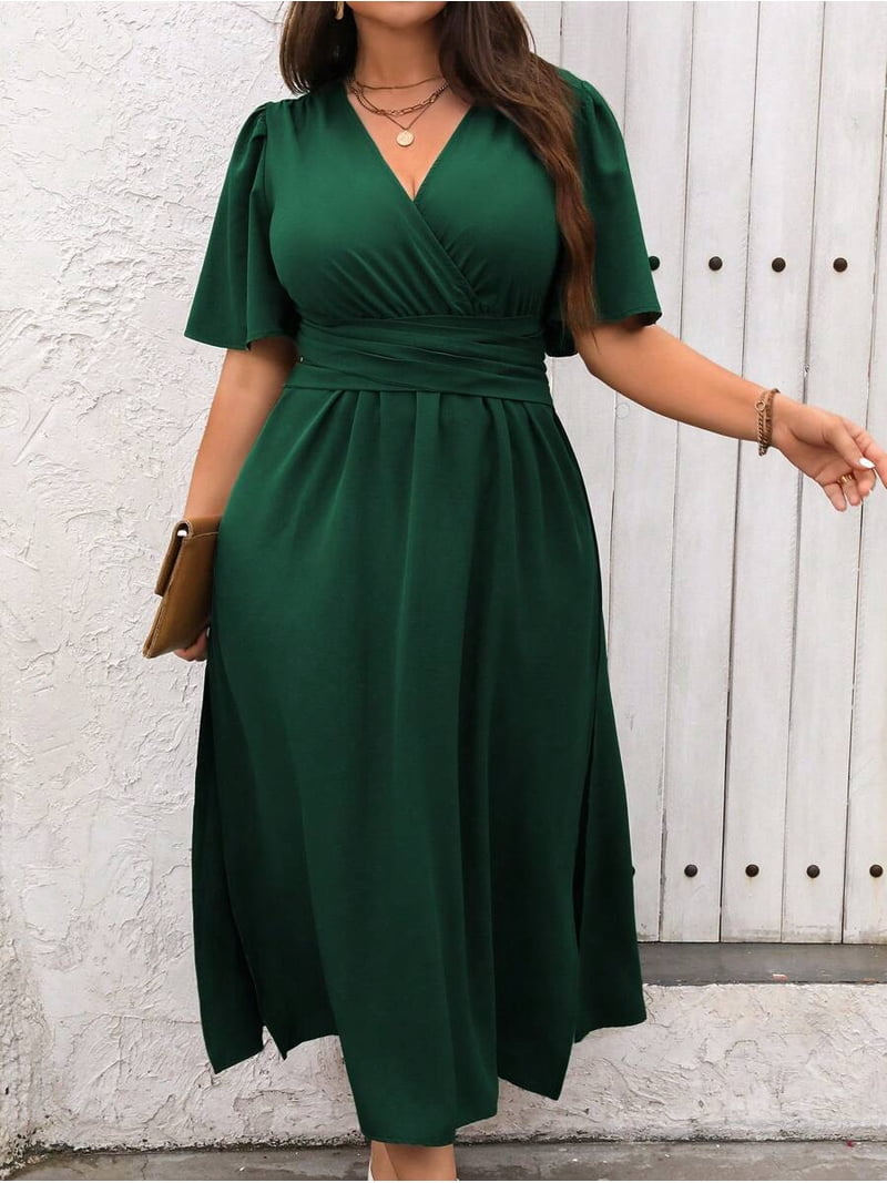 Plus Size Womens Dark Green Solid V-Neck Wrap Short Sleeve Maxi Dress, Women's, Size: 0XL