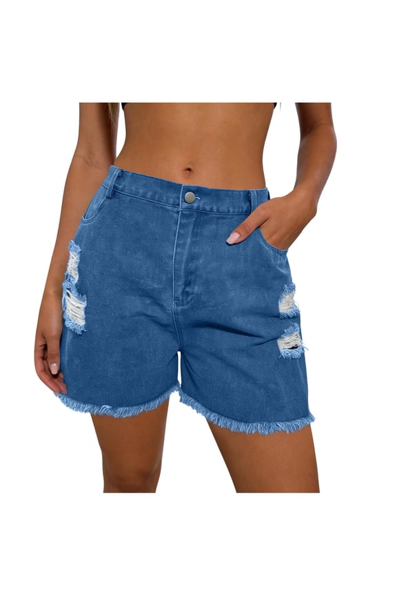 Plus Size Womens Denim Shorts High Waisted Stretchy Ripped Distressed Cut off Frayed Summer Casual Shorts Blue
