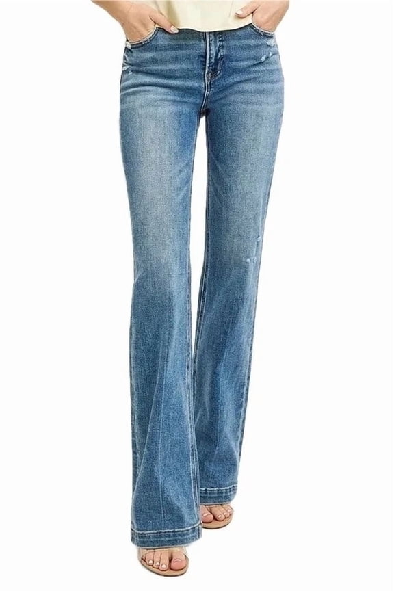 Plus Size Womens Distressed Bootcut Jeans with Stretch Denim Mid Blue Wash Casual Everyday Versatile Comfort Fit