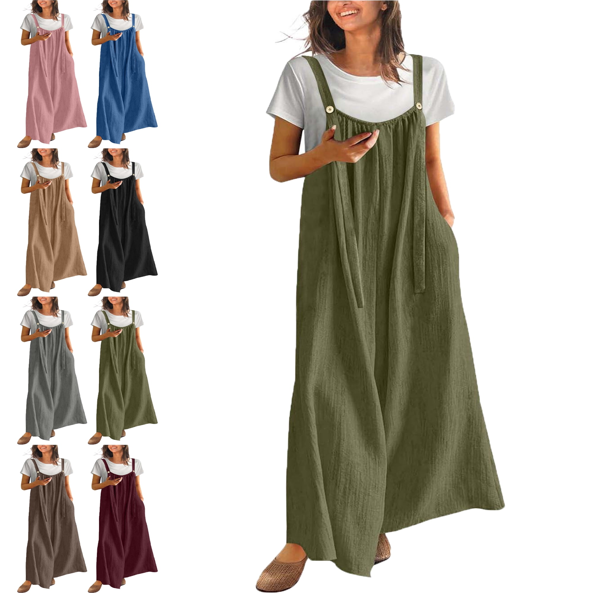 Plus Size Womens Dresses Clothes Short Sleeve Dress Army Green 8(L) Dresses  Casual Fashion Ladies Solid Color Crew Neck Button Pocket Long Pants ...