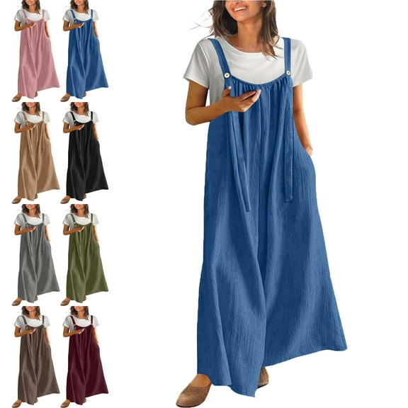 Plus Size Womens Dresses Clothes Short Sleeve Dress Blue 4(S) Dresses Casual Fashion Ladies Solid Color Crew Neck Button Pocket Long Pants Jumpsuit Trousers Long Dresses for Women