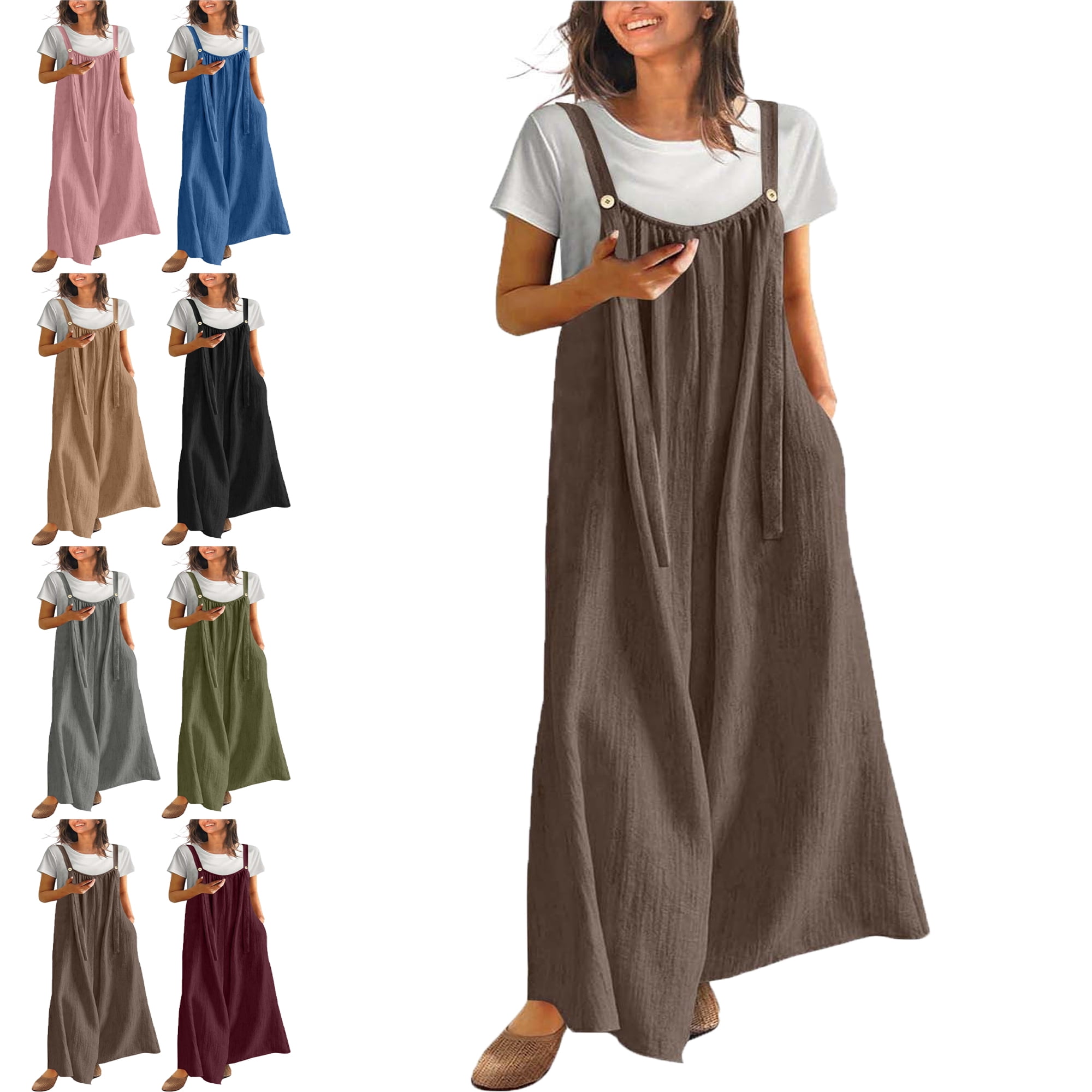 Plus Size Womens Dresses Clothes Short Sleeve Dress Brown 8(L) Dresses Casual Fashion Ladies Solid Color Crew Neck Button Pocket Long Pants Jumpsuit Trousers Long Dresses for Women