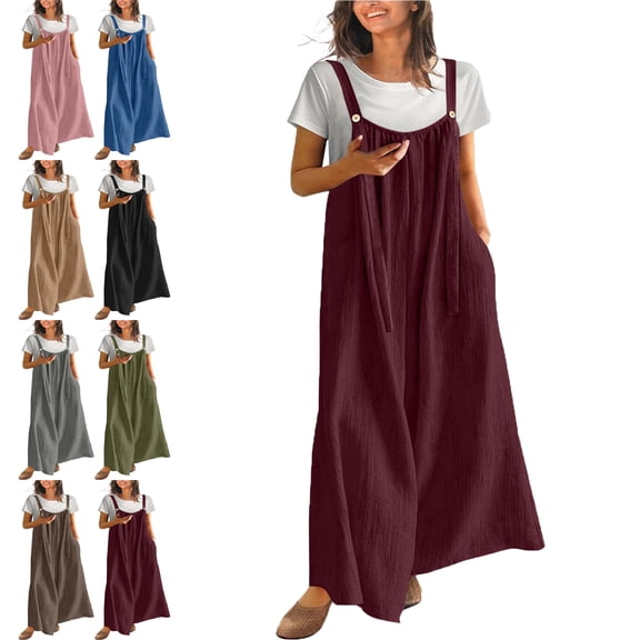 Plus Size Womens Dresses Clothes Short Sleeve Dress Wine 8(L) Dresses Casual Fashion Ladies Solid Color Crew Neck Button Pocket Long Pants Jumpsuit Trousers Long Dresses for Women