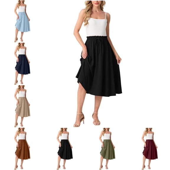 Plus Size Womens Dresses Cloting Sleeveless Tank Tops Black 4 Dresses Fashion Women Casual Solid Elastic Waist Drawstring Skirt Dress Long Dresses for Women