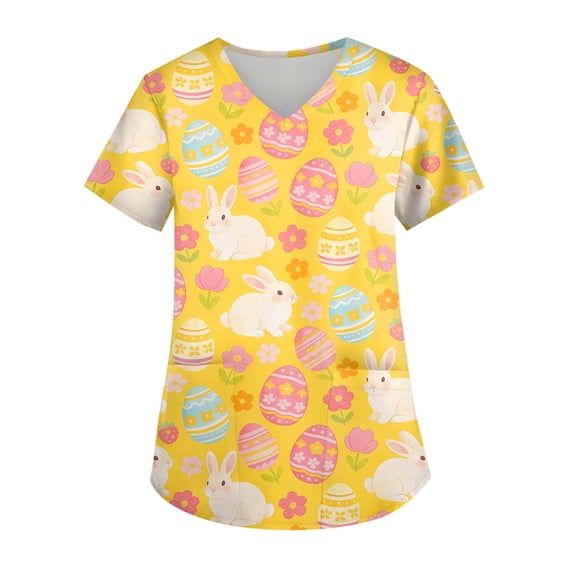 Plus Size Womens Easter Scrubs Stretchy Short Sleeve V-Neck Cute Rabbits Eggs Scrub Tops Print Medical Nurse Uniforms Working T-Shirts with Pockets