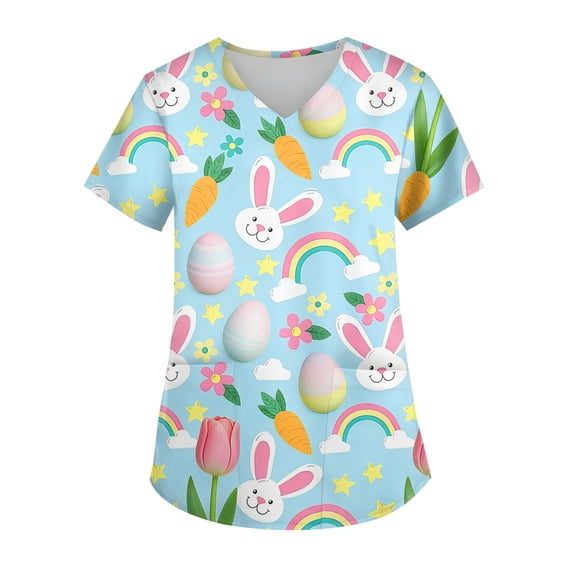 Plus Size Womens Easter Scrubs Stretchy Short Sleeve V-Neck Cute Rabbits Eggs Scrub Tops Print Medical Nurse Uniforms Working T-Shirts with Pockets