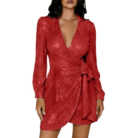 Plus Size Womens Elegant Evening Gown Sparkly Sequin Party Dress Tie Neck and Waist Formal Attire Long Sleeve V Neck Red XXL